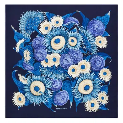 Ferragamo Sunflower Graphic Silk Scarf In Blue