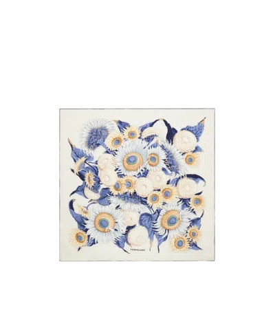 Ferragamo Sunflower Print Silk Scarf In White