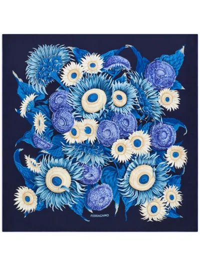 Ferragamo Sunflower Print Silk Scarf In Blue
