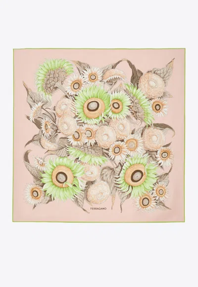 Ferragamo Sunflower Print Silk Scarf In Pink