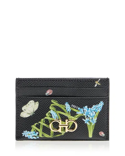 Ferragamo Sunrise Gancini Leather Card Case In Black