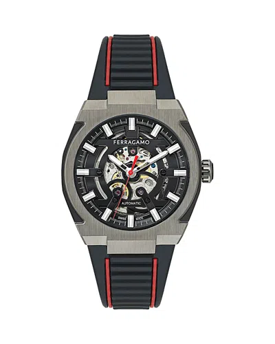 Ferragamo Men's Swiss Automatic Supreme Skeleton Black Polyurethane Strap Watch 43mm In Gun