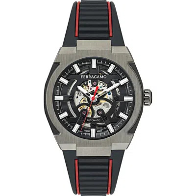 FERRAGAMO FERRAGAMO SUPREME SKELETON RECYCLED POLYURETHANE STRAP WATCH, 43MM