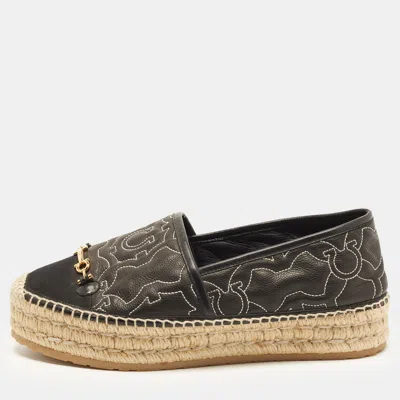 Pre-owned Ferragamo Susana Size 40 Black Leather Espadrille Flats