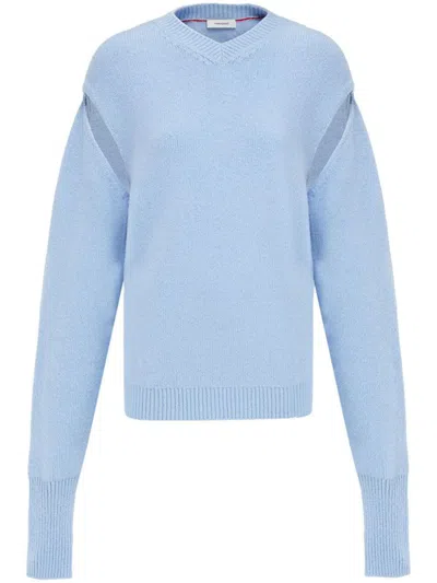 Ferragamo Cutout Sleeve Brushed Cashmere Sweater, Light Blue