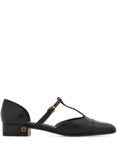 Ferragamo Linette Leather T-strap Ballerina Flats In Black