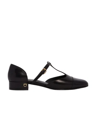Ferragamo 'lainette' Black Ballet Shoes With T-strap And Round Toe