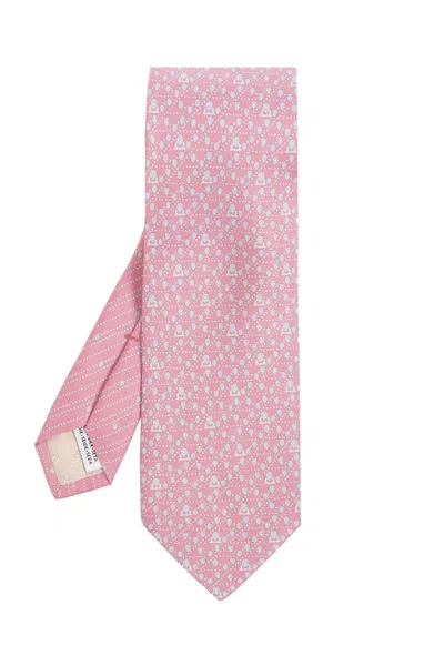 Ferragamo Tag Prined Tie In Pink