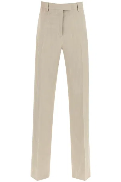 Ferragamo Tailored Straight Leg Linen Blend Trousers In Multicolor