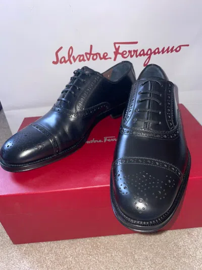 Pre-owned Ferragamo Tak Leather Cap Toe Nero Calf Oxford Men's Black Dress Shoes 8.5 9