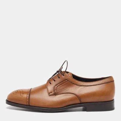 Pre-owned Ferragamo Tan Leather Lace Up Brogue Derby Size 41.5