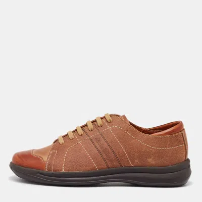 Pre-owned Ferragamo Tan Leather Low Top Sneakers Size 41.5