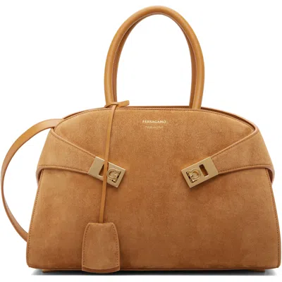 Ferragamo Tan Medium Suede Hug Handbag In Brown
