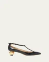 Ferragamo Round Toe T-bar Strap Gold Heel In Black