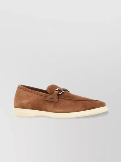Ferragamo Tapered Toe Suede Loafers With Metal Hardware In Midbrown Naturale