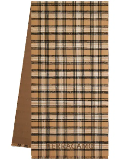 Ferragamo Tartan Wool Scarf In Brown