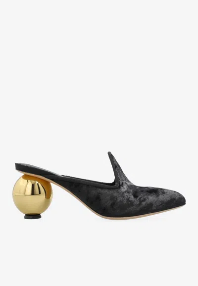Ferragamo Tasha 70 Velvet Mules With Spherical-heels In Black