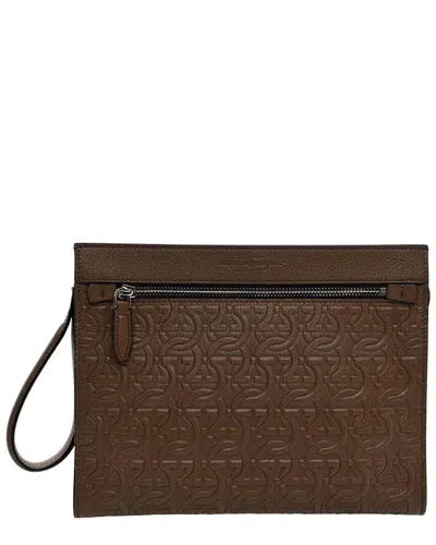 Ferragamo Taupe Calfskin Leather Gancini Embossed Zip Pouch (authentic Pre-  Loved) In Brown