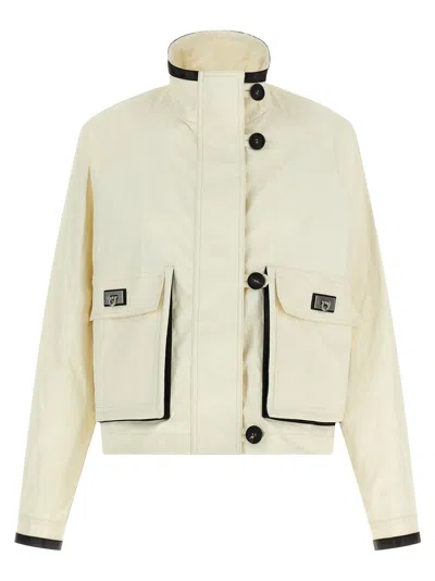 Ferragamo Tech Linen Jacket Puffer Jackets White In Neutral