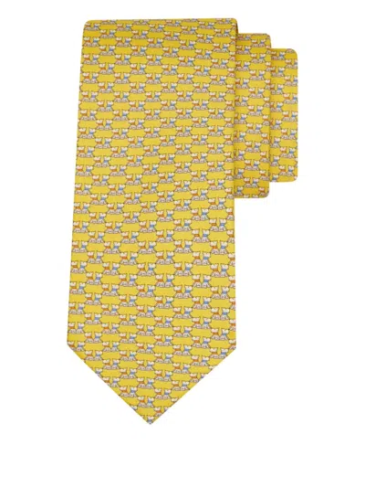 Ferragamo Terrier Print Silk Tie In Yellow