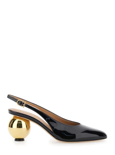 FERRAGAMO TESSIE BLACK SLINGBACK PUMPS WITH SPHERICAL HEEL IN PATENT LEATHER WOMAN