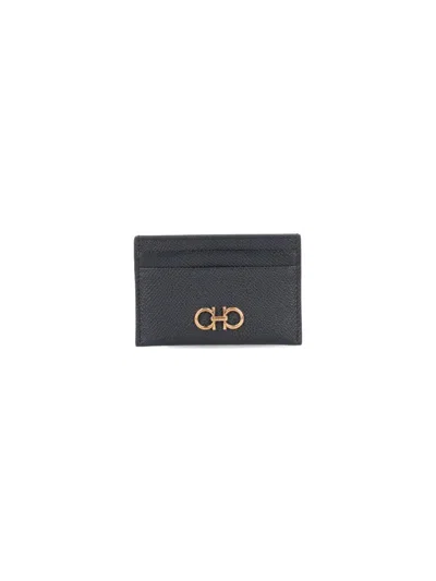 Ferragamo Textured Black Wallet With Gold-tone Logo Detail In Blue