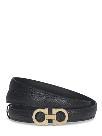 Ferragamo Textured Calf Leather Belt With Gold-tone Buckle In Black
