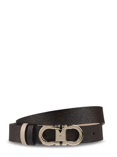 Ferragamo Textured Calf Leather Belt With Polished Buckle In Black