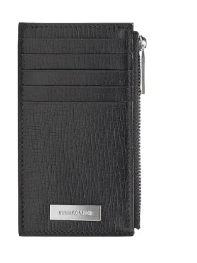 Ferragamo Textured Calf Leather Card Wallet In Black