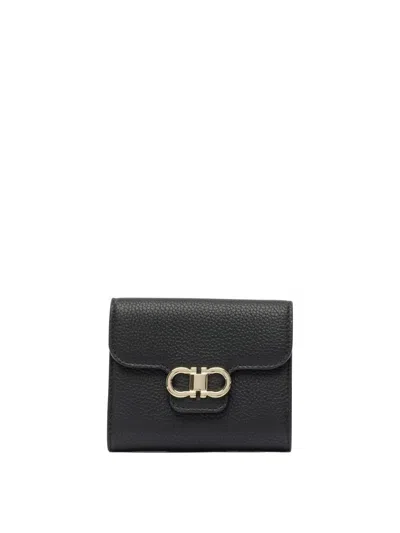 Ferragamo Black Hammered Calfskin Leather Gancini Compact Wallet