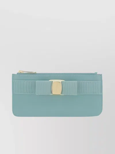 Ferragamo Textured Calfskin Cardholder With Vara Bow Detail In Blue