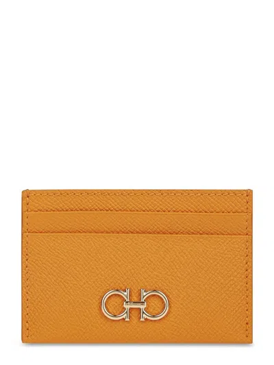 Ferragamo Textured Calfskin Wallet With Logo Emblem In Yellow