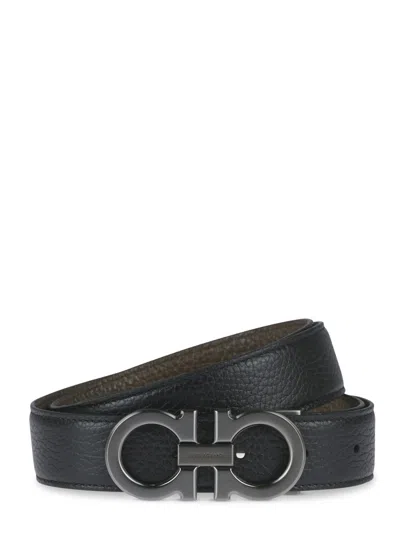 Ferragamo Textured Leather Belt With Distinctive Buckle In Black