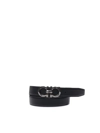 Ferragamo Textured Leather Belt With Gancio Buckle In Black