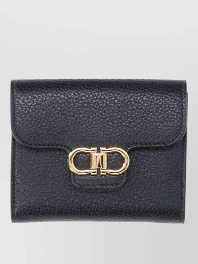 Ferragamo Textured Leather Bi Fold Wallet Gold Hardware In Black