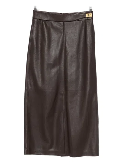 Ferragamo Textured-leather Buckled Skirt In Brown