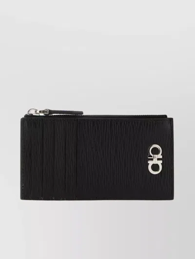 Ferragamo Textured Leather Gancini Card Holder In Black