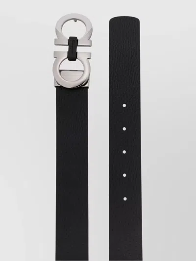 Ferragamo Textured Leather Reversible Belt With Silver Buckle In Black
