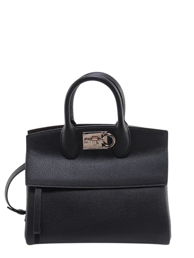 Ferragamo Textured Leather The Studio Handbag With Iconic Gancini Closure In Black