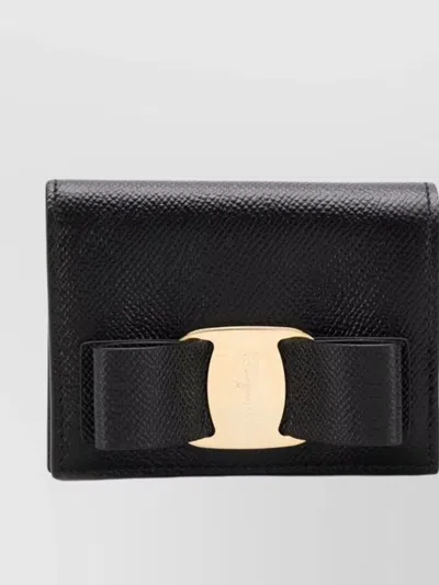Ferragamo Card Holder With Engraved Logo In Hammered Leather Woman In Black