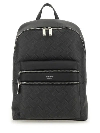 Ferragamo Textured Monogram Logo Backpack In Black