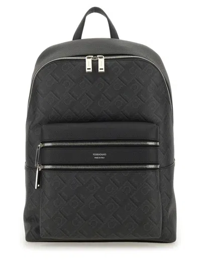 Ferragamo Textured Monogram Logo Backpack In Gray