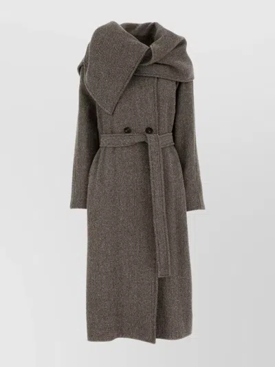 Ferragamo Textured Wool Blend Coat Belted In Brown