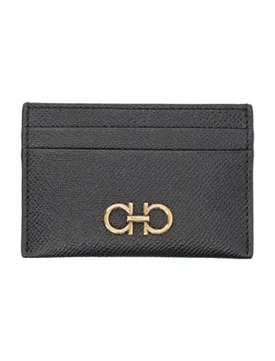 Ferragamo Salvatore  Gancini Leather Card Case In Nero/gold