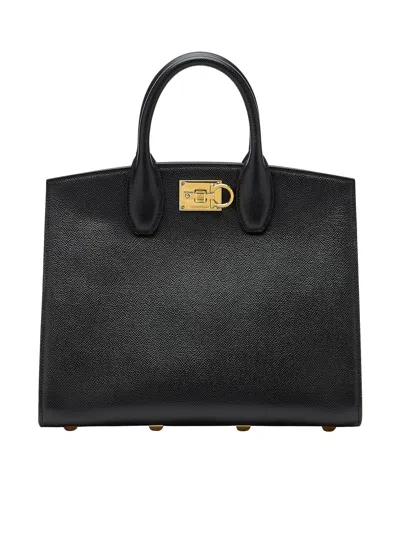 Ferragamo Studio Box Black Bag With Gancini Buckle And Shoulder Strap In Grained Leather Woman In Black Bonbon