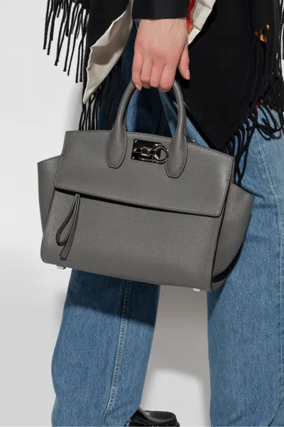 Ferragamo The Studio Small Leather Top-handle Bag In Grey