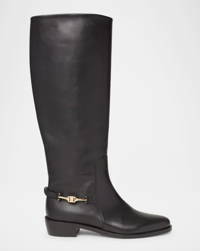 Ferragamo Therma Leather Metal-strap Riding Boots In Black