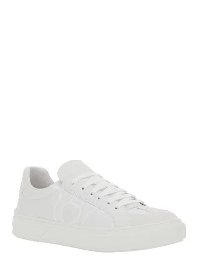 Ferragamo White Calf Leather Bos Taurus Sneakers In Gray