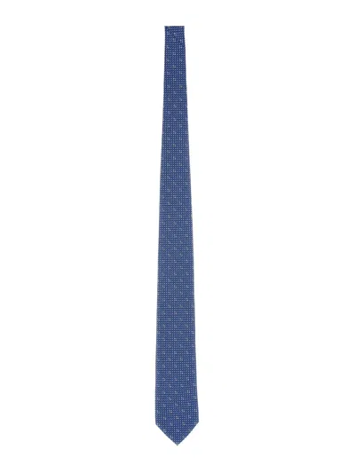 Ferragamo Blue Silk Tie With Gancini Print And Polished Finish