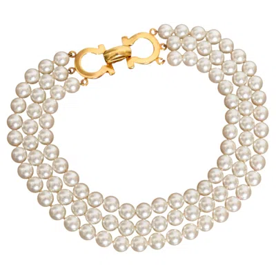 Pre-owned Ferragamo Timeless Salvatore  Multi Strand Glass Pearl Gold Clasp Choker Necklace